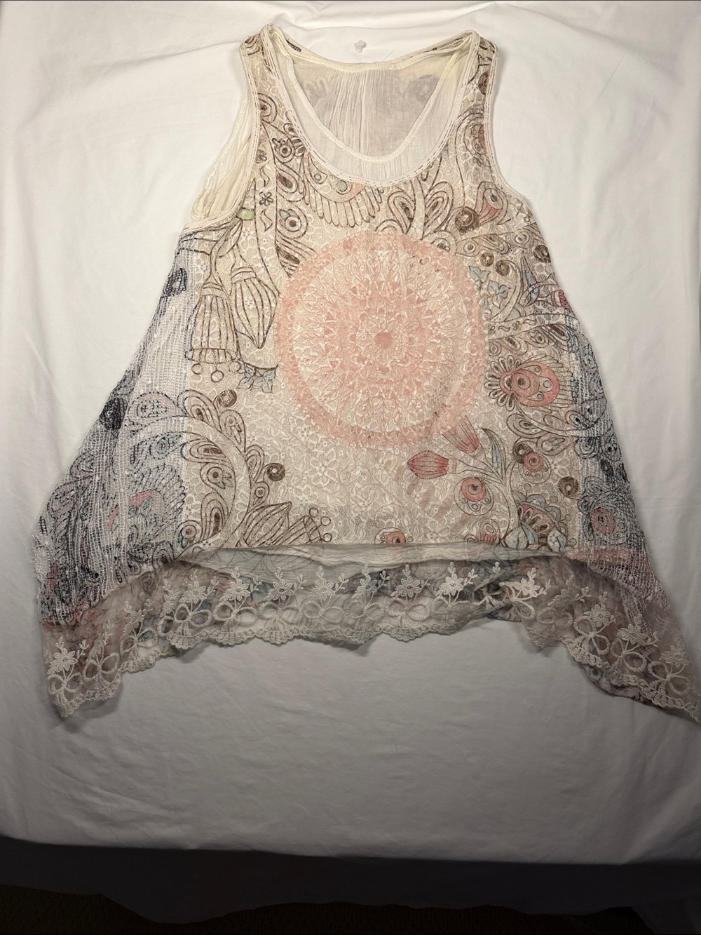 Belle France Women's L Brown, Cream and Pink Lace-Trimmed Boho Gauze & Knit Top